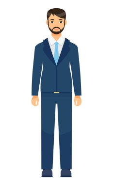 Ofis çalışanı kıyafeti, şık ceketli adam, yelek ve pantolon, mavi kravat, sakallı iş adamı.