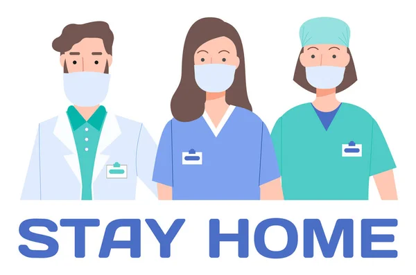Plakát otthon maradással koncepció, orvosok arcon orvosi maszkok életmentő beteg emberek covid19 — Stock Vector