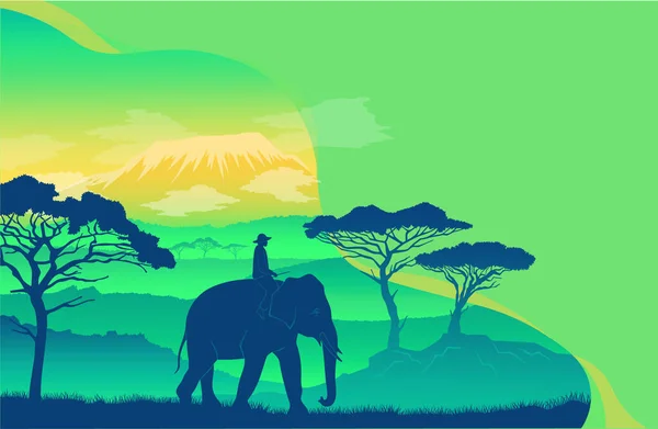Éléphant dans la savane africaine au coucher du soleil. Silhouettes d'un animal et d'une personne assise dessus — Image vectorielle