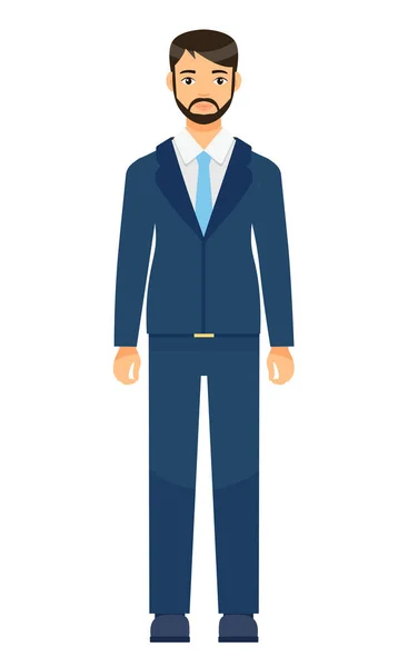 Dresscode eines Büroangestellten, Mann in schickem Mantel, Weste und Hose, blauer Krawatte, bärtiger Geschäftsmann — Stockvektor