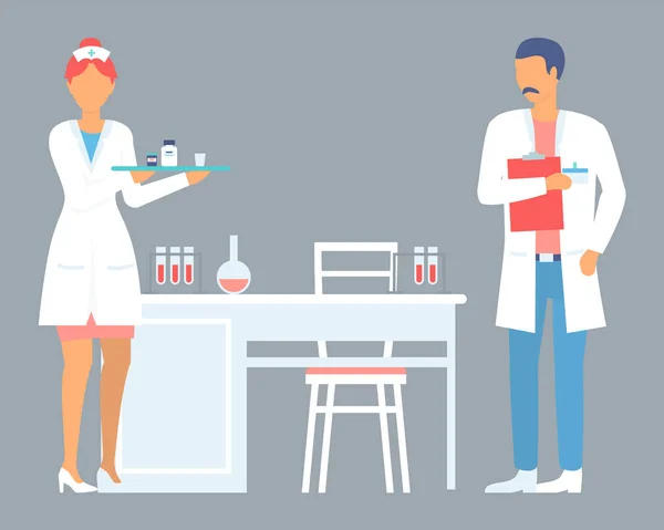 Bandeja de retención de enfermeras con recipientes con pastillas, médico con portapapeles, frascos de laboratorio en la mesa — Vector de stock