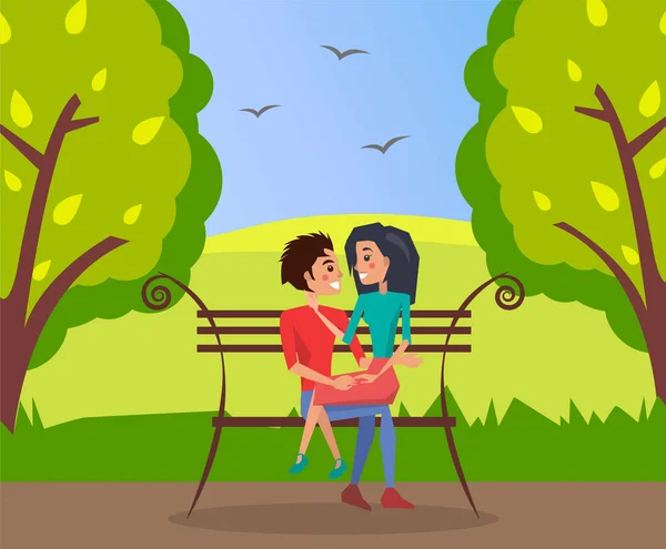 Ρομαντικό ραντεβού ζευγαριού σε ένα παγκάκι. Κορίτσι και άντρας στο πάρκο. Αγάπη και σχέση — Διανυσματικό Αρχείο