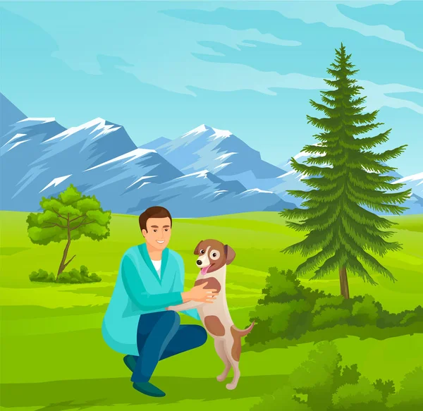 Guy walking with his dog at nature, man playing with dog at green hills, mountains background — Stock Vector