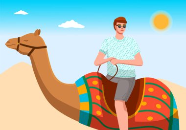 Güneş gözlüklü bir adam deve sürüyor. Sıcak ülkelere seyahat. Güneş ve sıcaklık. Egzotik hayvanlar