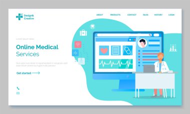 Tıbbi web sitesinin iniş sayfası, çevrimiçi sağlık hizmetleri, çevrimiçi yardım, tıbbi danışma