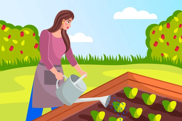 Illustration du jardinage printanier. Jeune femme arrosant des plantes dans le jardin, dans le potager — Image vectorielle