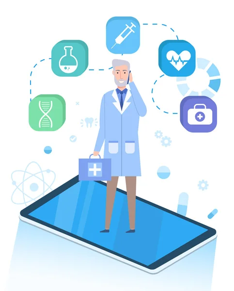 Isometric illustration of smartphone, doctor talking at phone, holding first aid case, web medical icons — Stock Vector