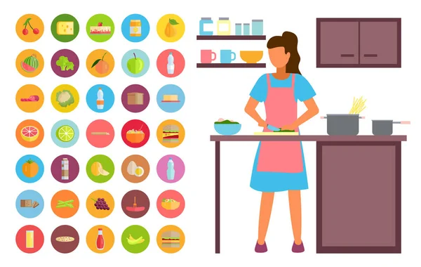 Mutfakta yemek yapan bir kadın. Yiyecek ve içecek ikonları. Evde kal. Coronavirüs kendini izole ediyor. — Stok Vektör