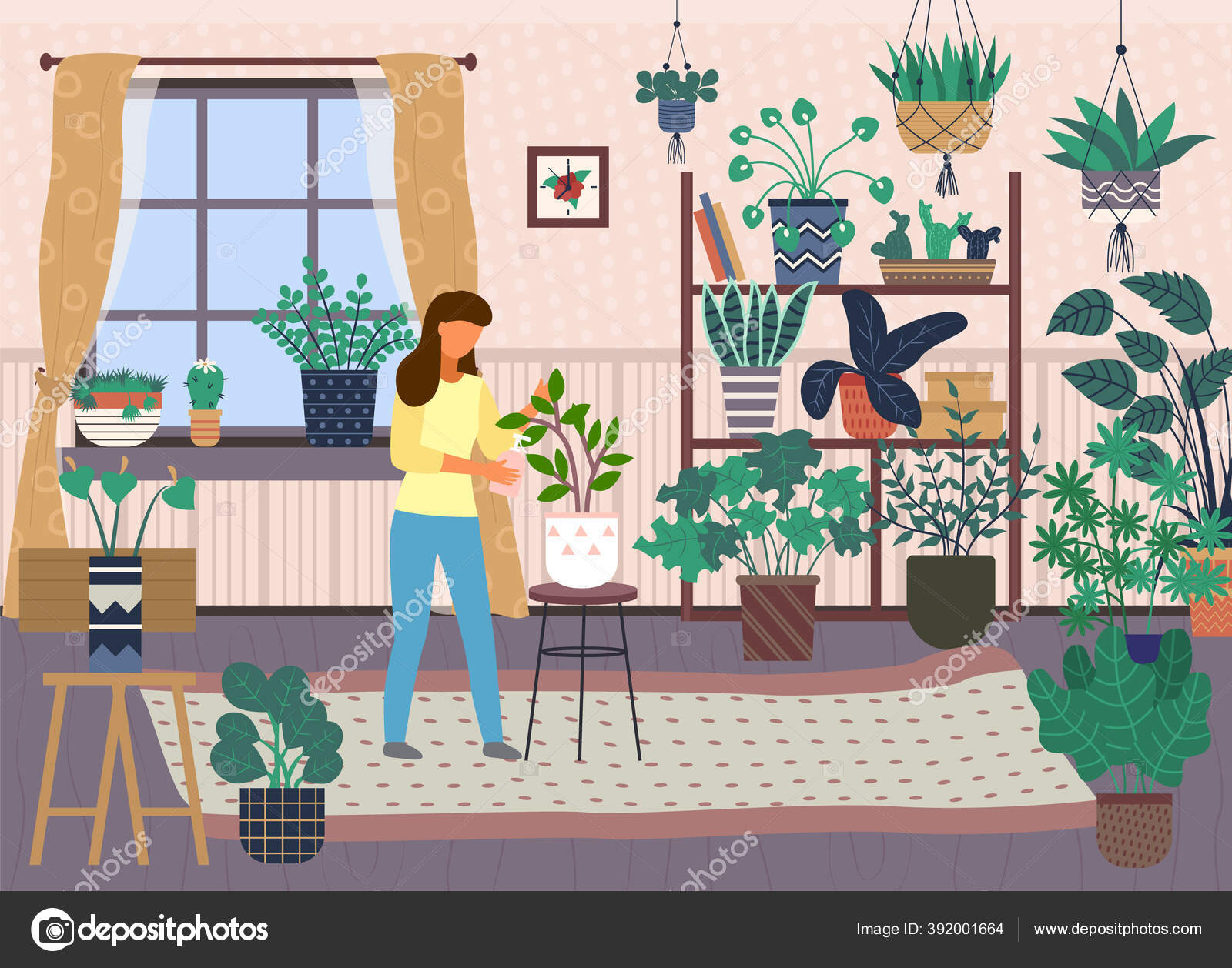 女人照顾植物 绿色的家庭花园 房间里有大量的室内植物 仙人掌 业余时间 图库矢量图像 C Robuart 女人照顾植物 绿色的家庭花园 房间里有大量的室内植物 仙人掌 业余时间 图库矢量图像 C Robuart