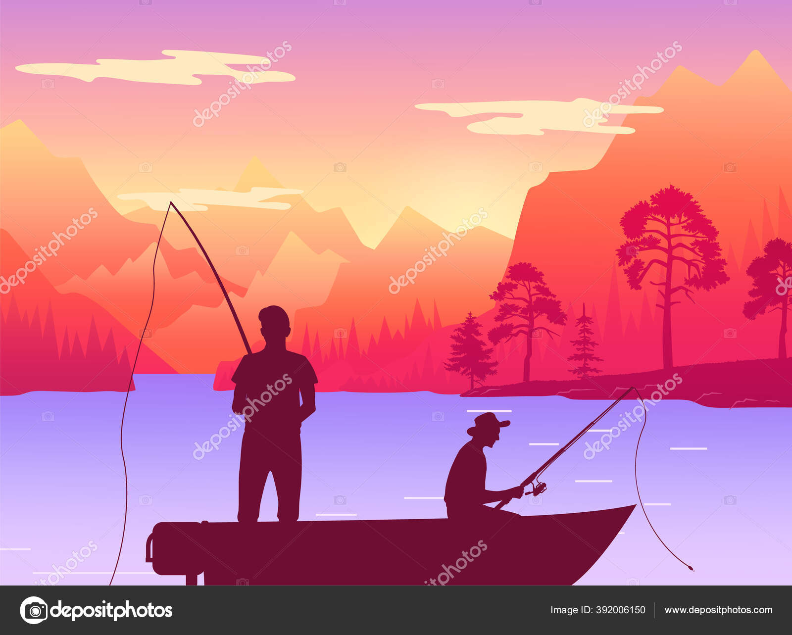 Fishing vessel, silhouettes, fisherman, recreational Fishing
