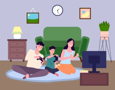 Happy ailesi karantina nedeniyle evde video oyunu oynuyor. İzin günlerinde eğlenmek için. Düz Çizim