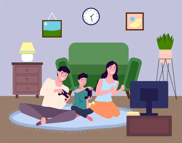 幸せな家族は隔離のために自宅でビデオゲームをプレイします。休日の楽しい時間。平図 — ストックベクタ