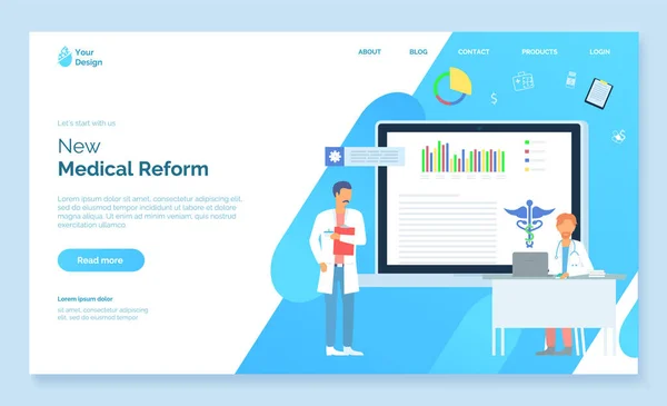 Nuova riforma medica, sito web medico, medico con clipborad, terapeuta con stetoscopio, landing page — Vettoriale Stock