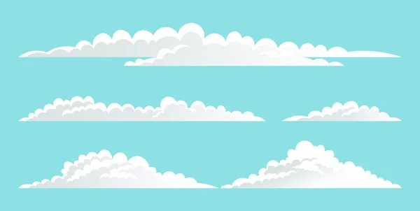 Conjunto de nubes blancas en el cielo azul, nubes de dibujos animados con diferentes tamaños y formas, paisaje nublado — Vector de stock