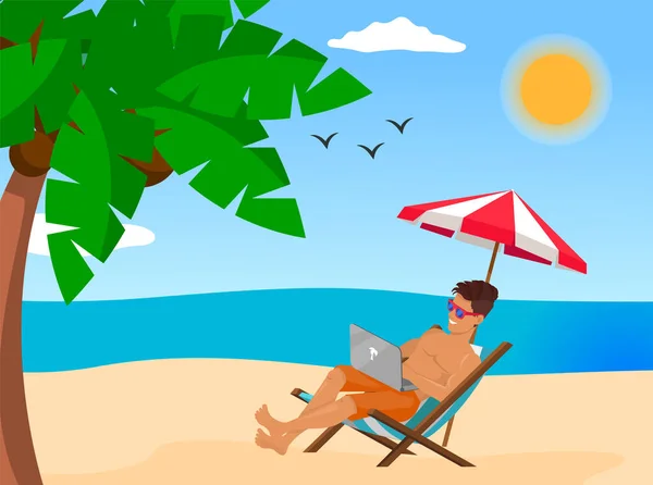 Jeune homme élégant dans des lunettes de soleil couché sur la chaise à la plage près de paume de mer travaillant avec un ordinateur portable, freelance — Image vectorielle