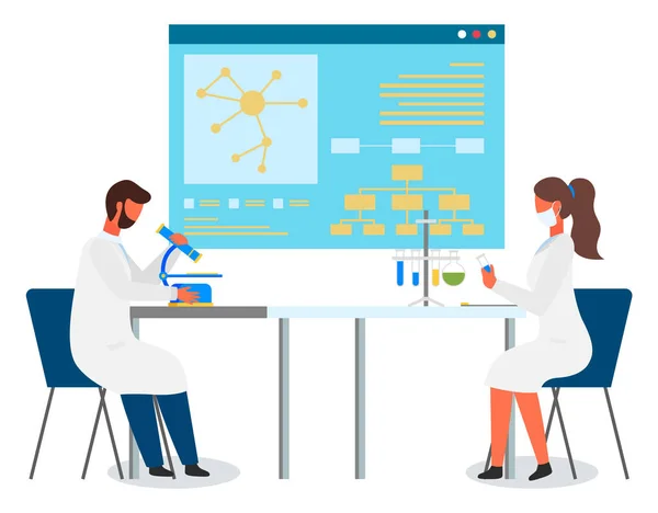 Dos asistentes de laboratorio haciendo investigaciones, ingeniero usando mircoscopio, científico con frascos de prueba — Archivo Imágenes Vectoriales