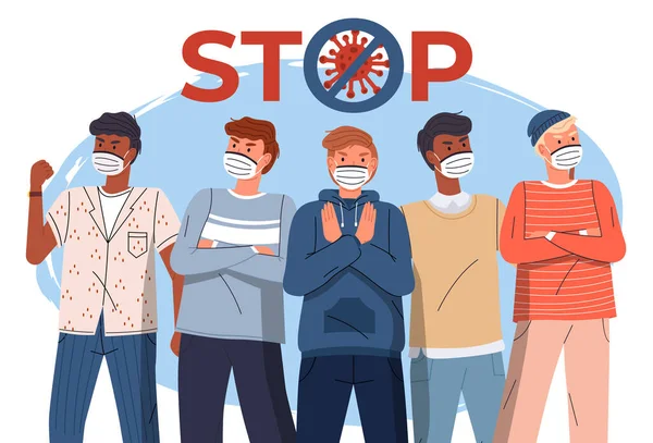 Grupo og caras em máscaras médicas protetoras gestos parar sinais para espalhar vírus, parar a epidemia —  Vetores de Stock
