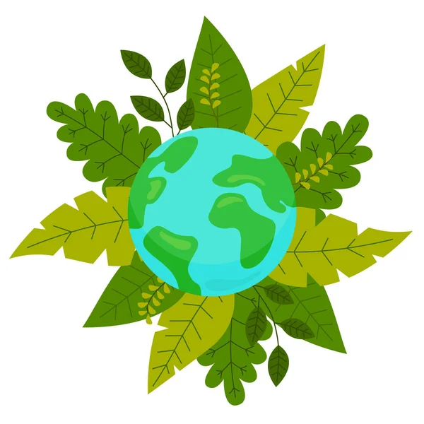 Понятие "планета-природа", земной шар в окружности листьев, значок для логотипа или шарик — стоковый вектор