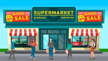 İndirim ve reklamlarla dolu renkli bir süpermarket, insanlar alışveriş yapıyor. Koruyucu maskeli kız