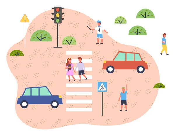 Законы дорожного движения. Дети ходят по пешеходному переходу. Дорожные знаки, светофоры, транспортные средства — стоковый вектор