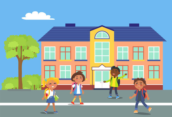 Happy kids go to school with backpacks. Cartoon building school, green landscape. Modern education