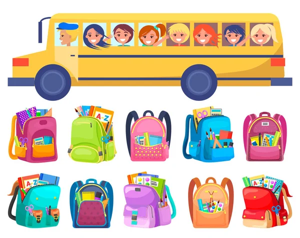スクールバスに乗る子供、文房具付きバッグ — ストックベクタ