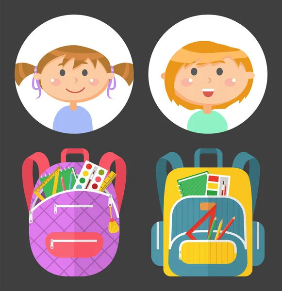 Schultaschen und Schulkinder Avatare, Schreibwaren — Stockvektor