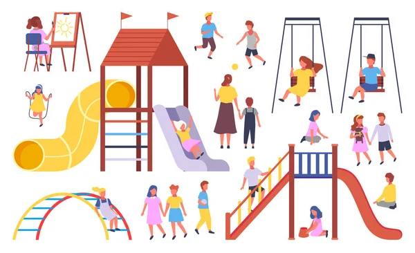 Niños en el jardín de infantes moderno. Diapositivas, columpios para jugar y diversión recreativa en verano . — Vector de stock