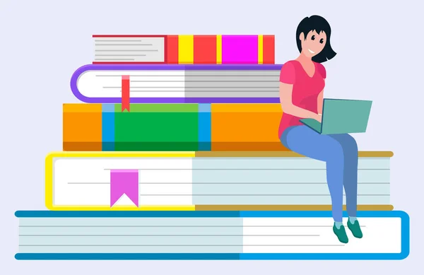 Mujer sentada en un montón de libros trabajando en un ordenador portátil — Vector de stock