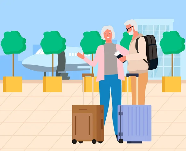 Pareja de personas mayores con equipaje en el aeropuerto — Vector de stock