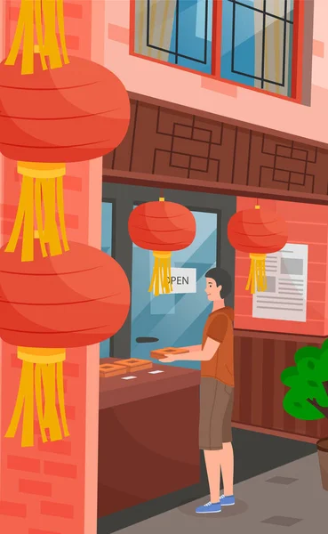 Barrio Chino con linternas rojas chinas de cerca. El turista compra en una tienda asiática. Ilustración plana — Archivo Imágenes Vectoriales