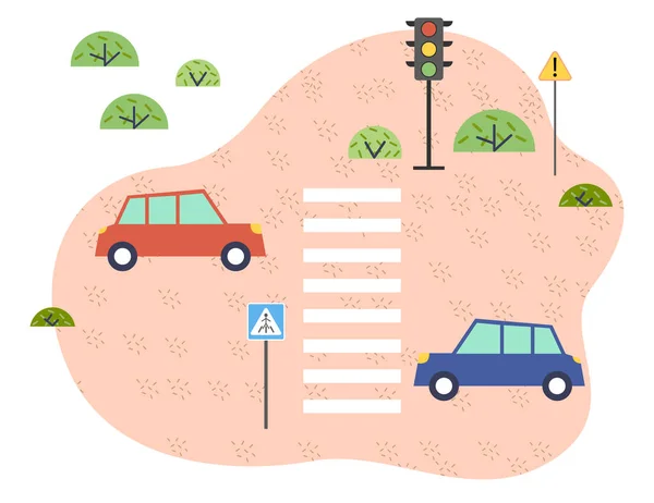 Bezpečný provoz. Auta, zebry, cedule, semafory. Péče a pozornost na silnici. Vektorový obrázek — Stockový vektor