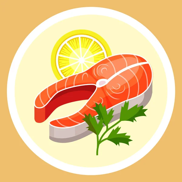 Filete de salmón en plato con limón. Productos útiles al amamantar a un niño. Imagen de vector plano — Vector de stock