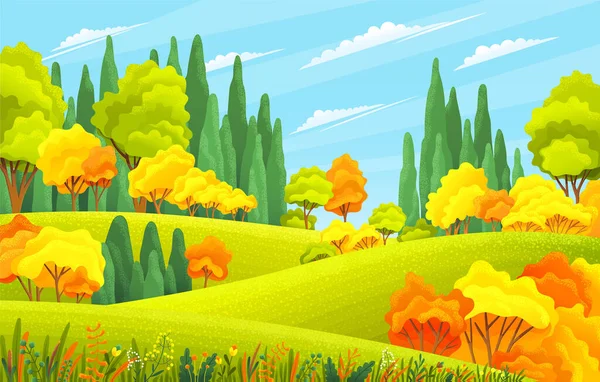Achtergrond van het Italiaanse platteland. Natuur heuvels velden blauwe hemel wolken en zon platteland — Stockvector