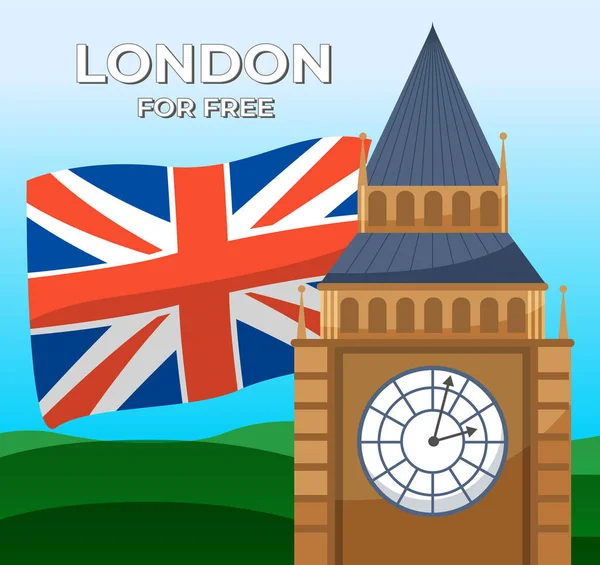 Βρετανική σημαία Γιούνιον Τζακ, Μπιγκ Μπεν, Λονδίνο δωρεάν. Ταξιδεύω. Ταξίδι στη Μεγάλη Βρετανία. Επίπεδη εικόνα — Διανυσματικό Αρχείο