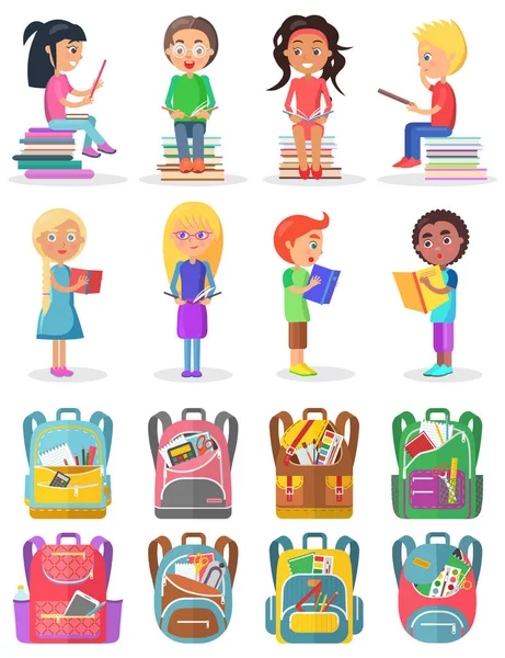 Pupil Reading Book, School Bag, Study Sign Vector — Stock Vector