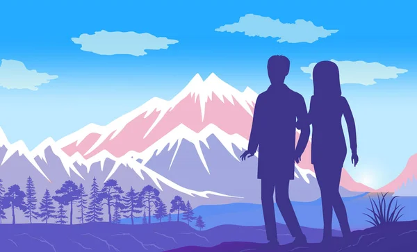 Man and woman holding hands, admire to mountain landscape. Natural beauties. Sports and recreation