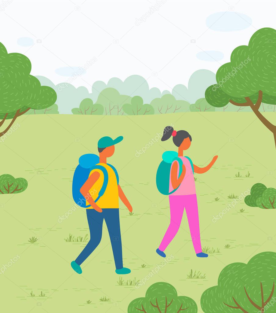 Hikers Couple with Backpacks on Nature among Trees