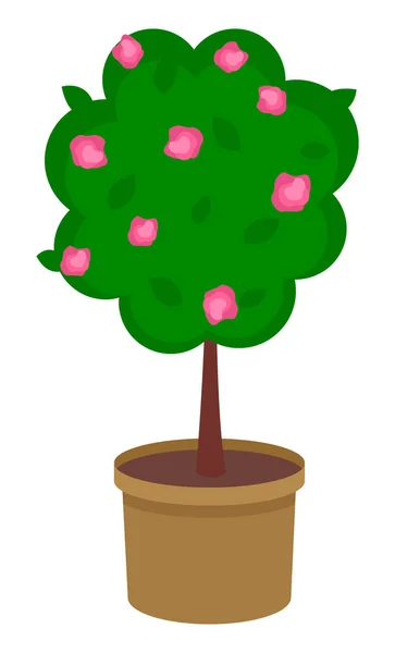Árbol frutal en una maceta marrón. Flores rosadas, hojas verdes. Jardinería, agricultura. Imagen vectorial — Vector de stock