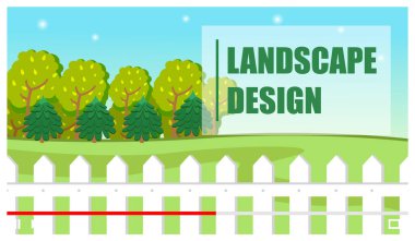 Peyzaj tasarımı. Yeşil harfler. Ağaçlar, tarlalar, çitler. Bahçecilik ve tarımsal düz imaj