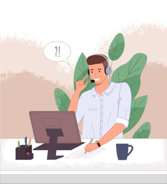 Bilgisayardaki erkek operatör çağrı merkezi müşteriyle çevrimiçi konuşuyor. Müşteri hizmetleri