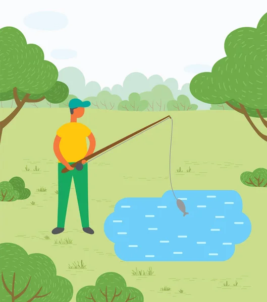 Man with Rod and Fish, Fishing Hobby on Lake — Stock Vector