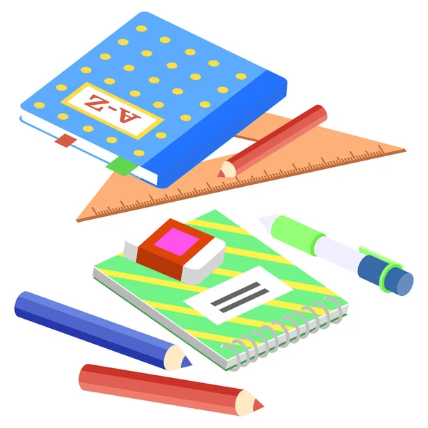 Школьные принадлежности, книги и карандаши для уроков — стоковый вектор