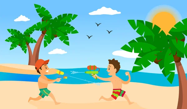 Bambini che giocano sulla spiaggia. Vacanze estive, allegri bambini carini che giocano con le pistole ad acqua — Vettoriale Stock