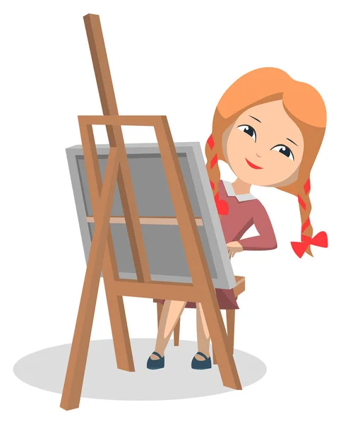 Chica en el Club de Arte Sentada cerca de caballete y dibujo — Vector de stock