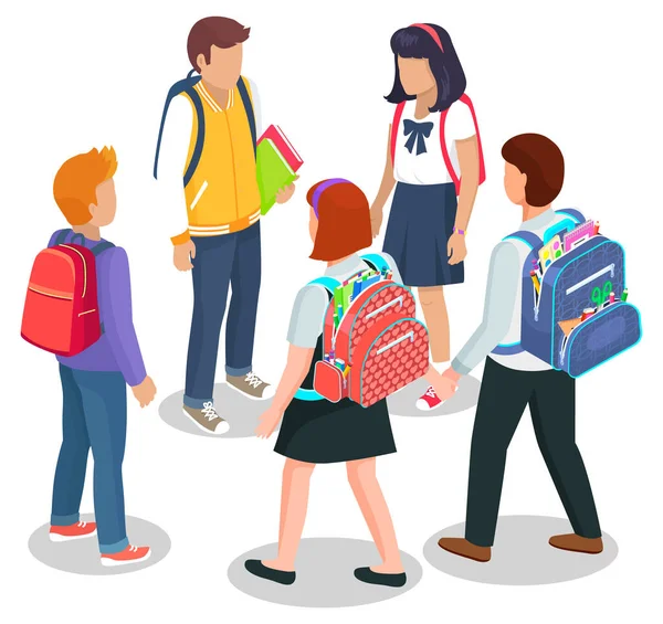 Schoolchildren Stand Together with Bags and Books — Stock Vector