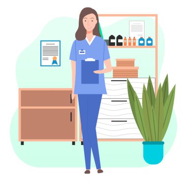 Veteriner bakımı düz çizim. Veteriner doktor kadın karakter.