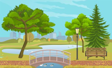 Çimleri ve ağaçları olan bir şehir parkı. Bitki çevresi ve yemyeşil otlarla dolu yeşil bir park