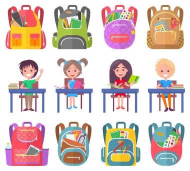 Kız ve Oğlan Çalışma, Sırt Çantası Yapıştırıcı Vektörü