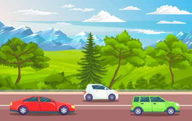 Dağlar, yeşil tepeler, çimenler, yol kenarındaki çalılıklar sürüş arabaları, otomobiller, yazları
